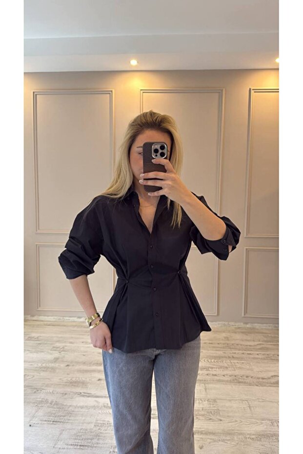 Black Shirt with Belted Button Detail