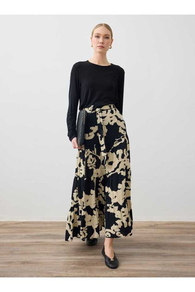 Printed Viscous Skirt - Black - Beige Patterned - Refka - 2