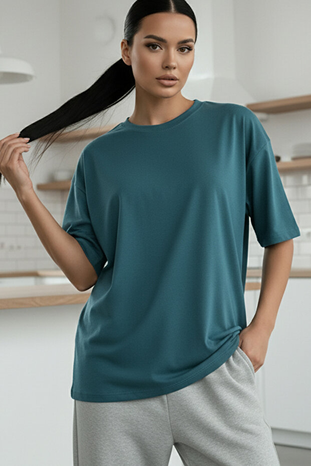 Women's Oil Green Basic Flat Unprinted Oversize Salas T-Shirt