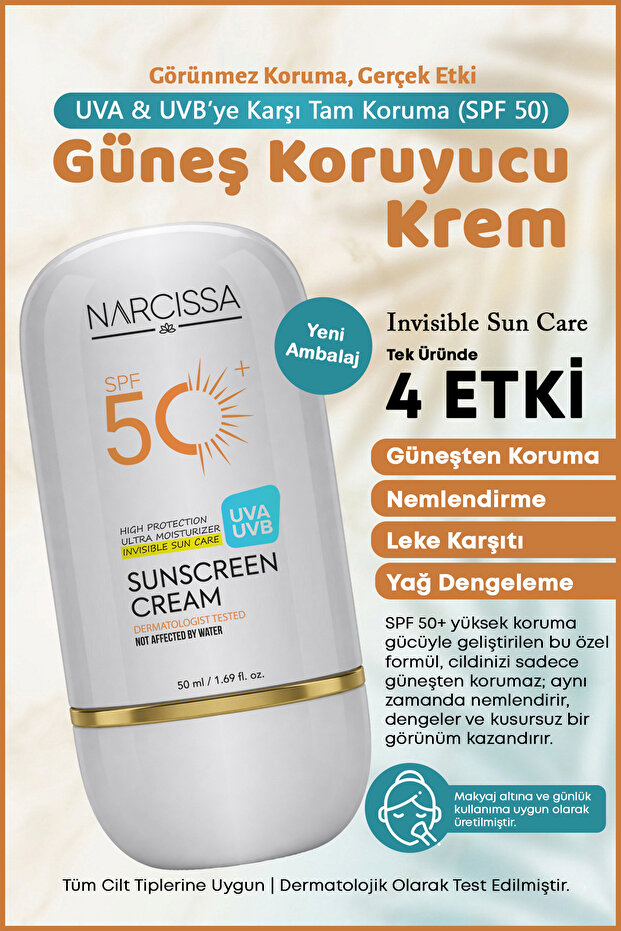 Narcissa Yüksek Koruyucu, Leke Karşıtı Yüz Güneş Kremi 50 SPF+ Waterproof UVA + UVB 50 ML