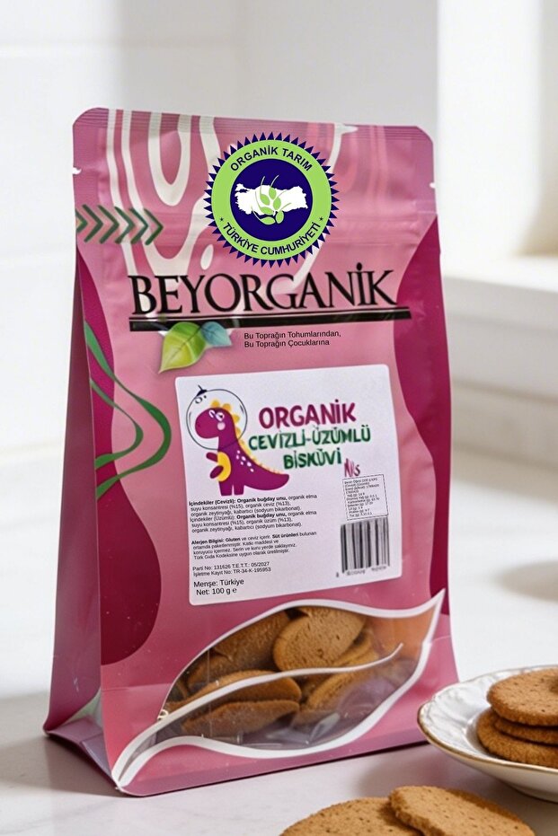 BEYORGANİK Organik Cevizli Üzümlü Bisküvi Miks 100gr Atıştırmalık Bisküvi
