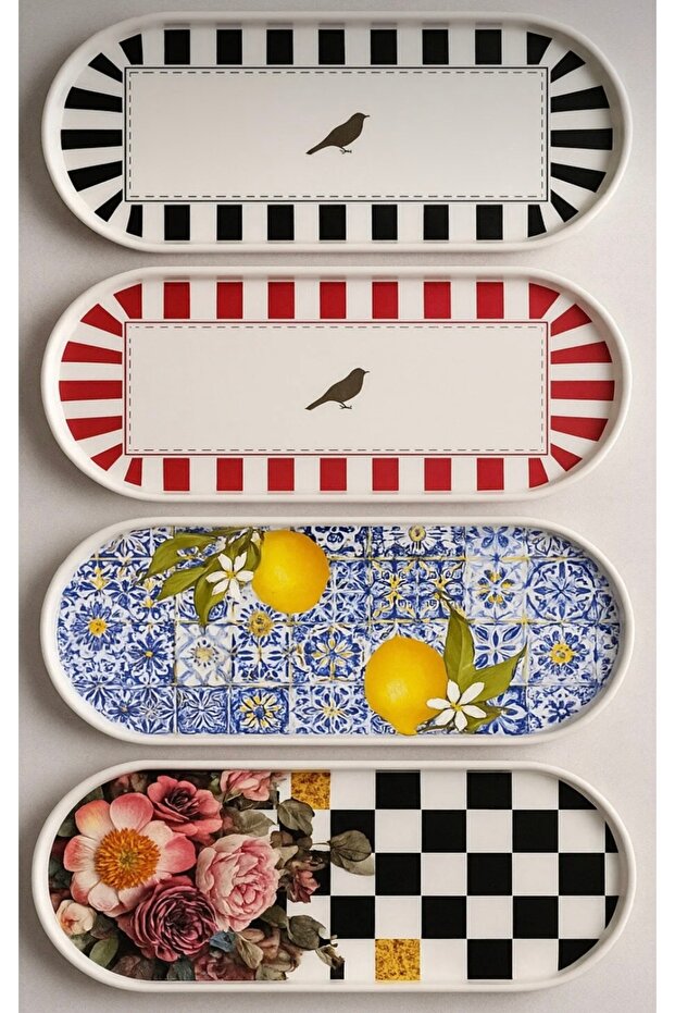 4-Piece Patterned Rectangular Coffee Serving Tray Set – Black, Red, Lemon and Floral Print Stylish Design