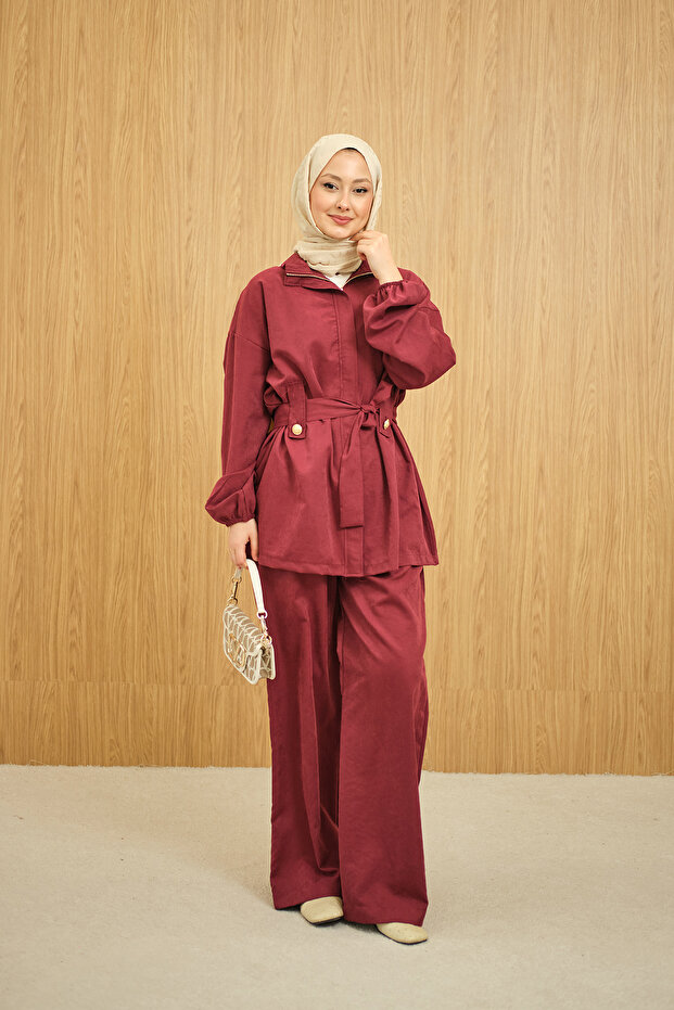 Women's Hidden Zipper Belted Trouser Suit Burgundy
