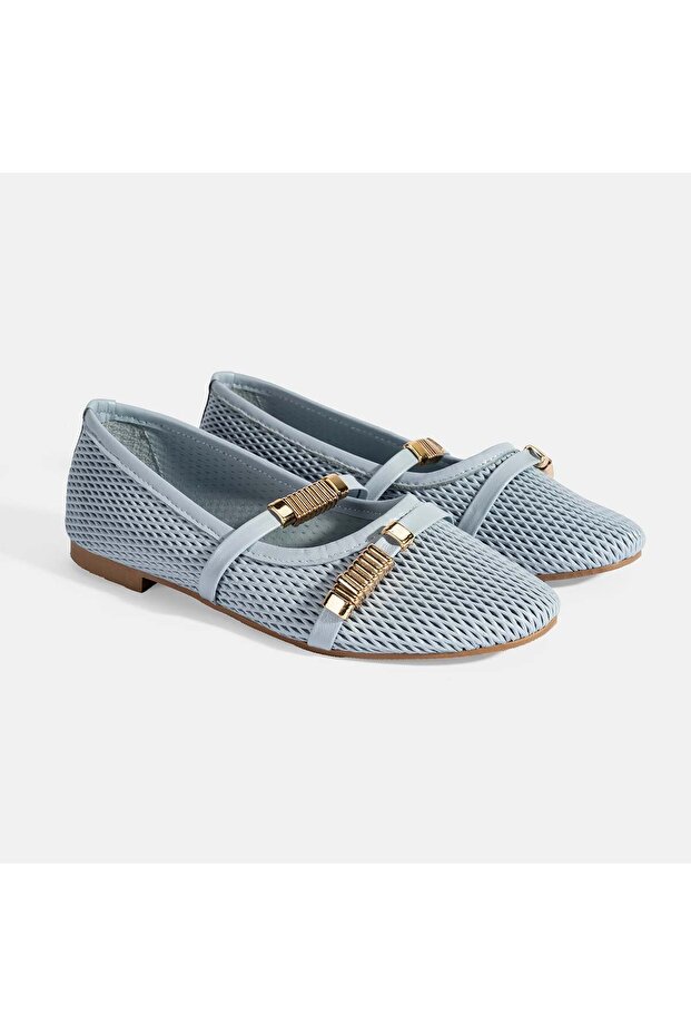 Women's Blue Metal Buckle Accessory Leather Ballerinas
