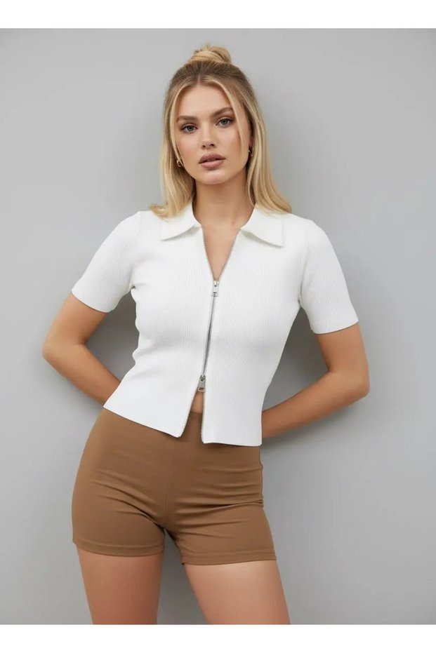 Women's Polo Neck Double Zipper Camisole Body Blouse 13004