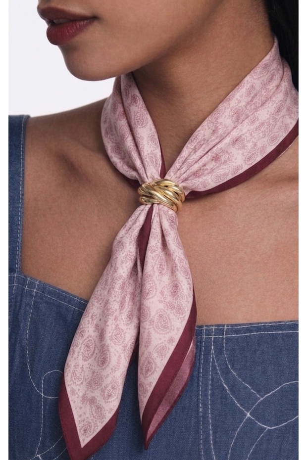 Burgundy Color Thin Scarf with Gold Buckle
