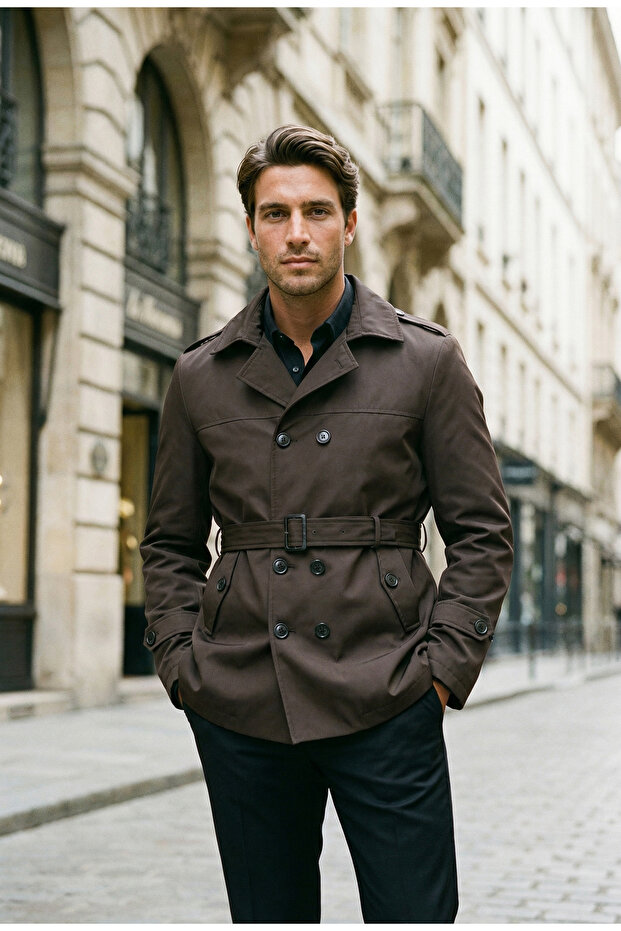 Men's Seasonal Lined Belted Double-Breasted Trench Coat - Brown