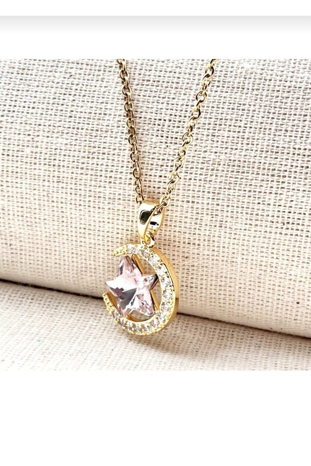 Stainless Steel Moon and Pink Star Gold Necklace