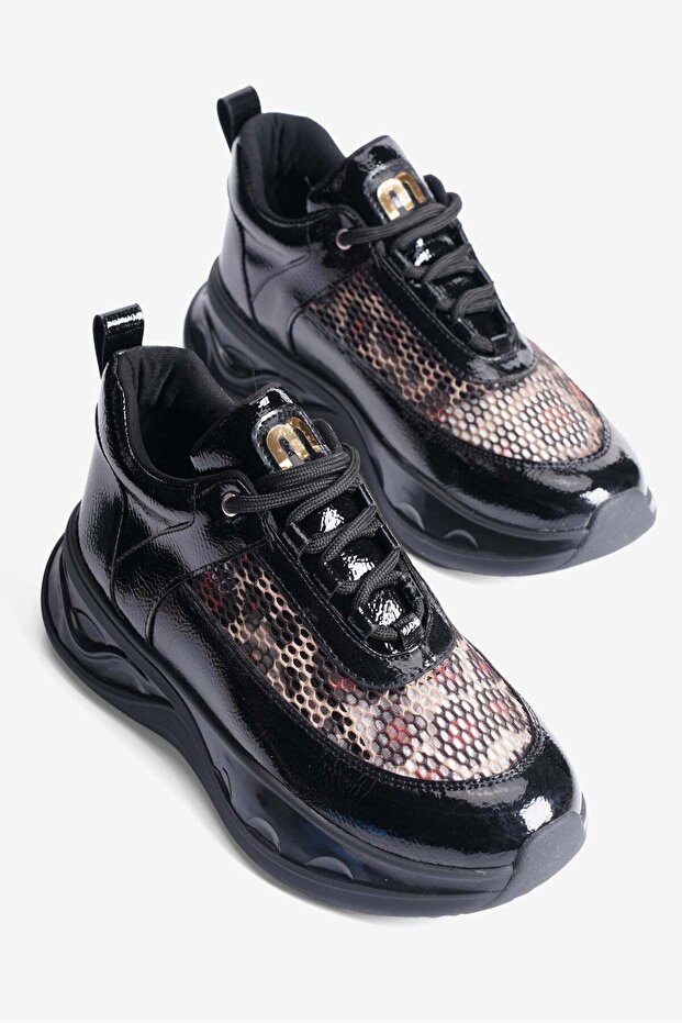 Women's Patent Leather Sneaker with Leopard Mesh Detail, Thick Sole, Lace-Up, Marsia Black