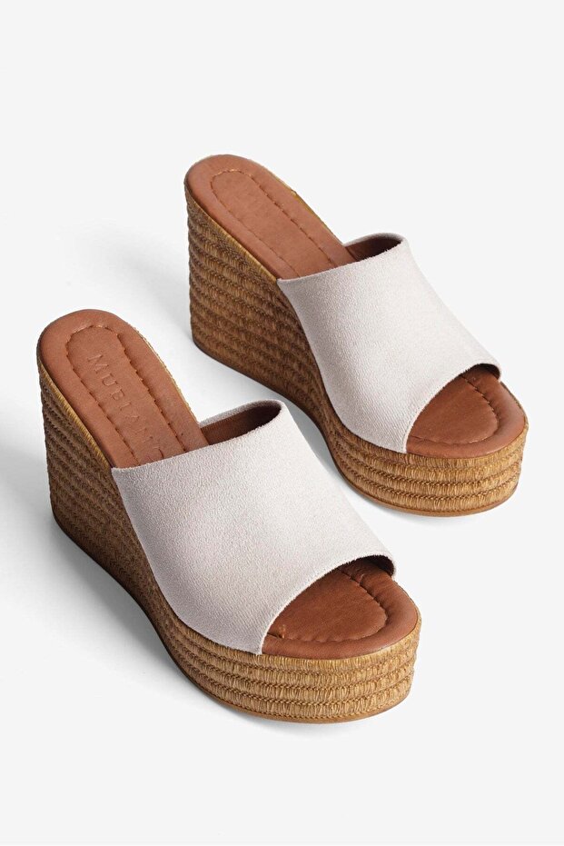 Women's Suede Wedge Heeled Slippers Straw Look Nera Beige