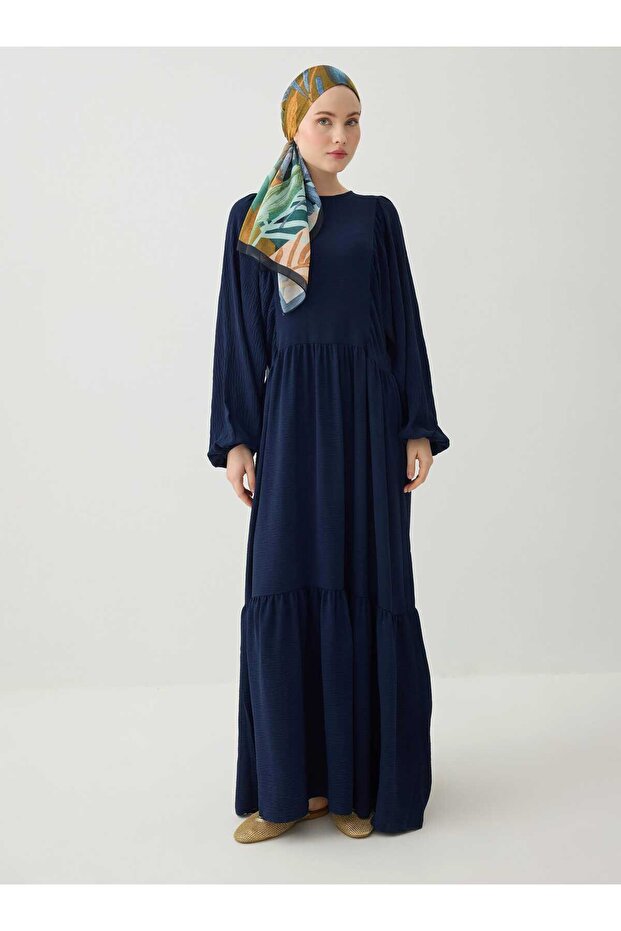 Balloon Sleeves with Elastic Sleeves Poplin Hijab Dress - Navy Blue -