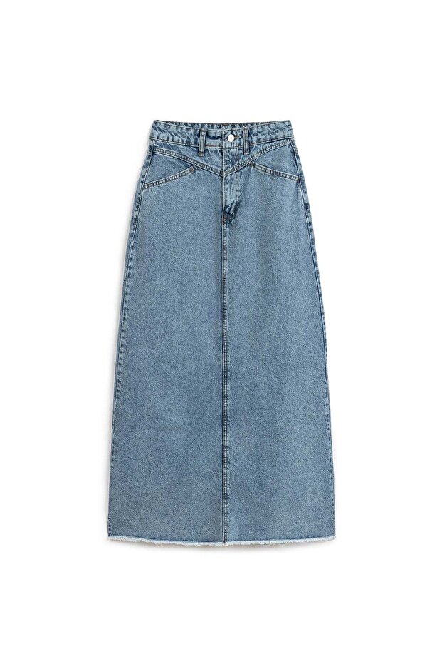 Long Tasseled Denim Skirt Blue Snow Wash