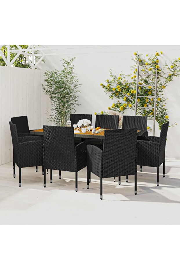 9 Piece Outdoor Dining Set Poly Rattan Black