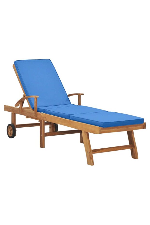 Sun Lounger with Cushion Solid Teak Wood Blue