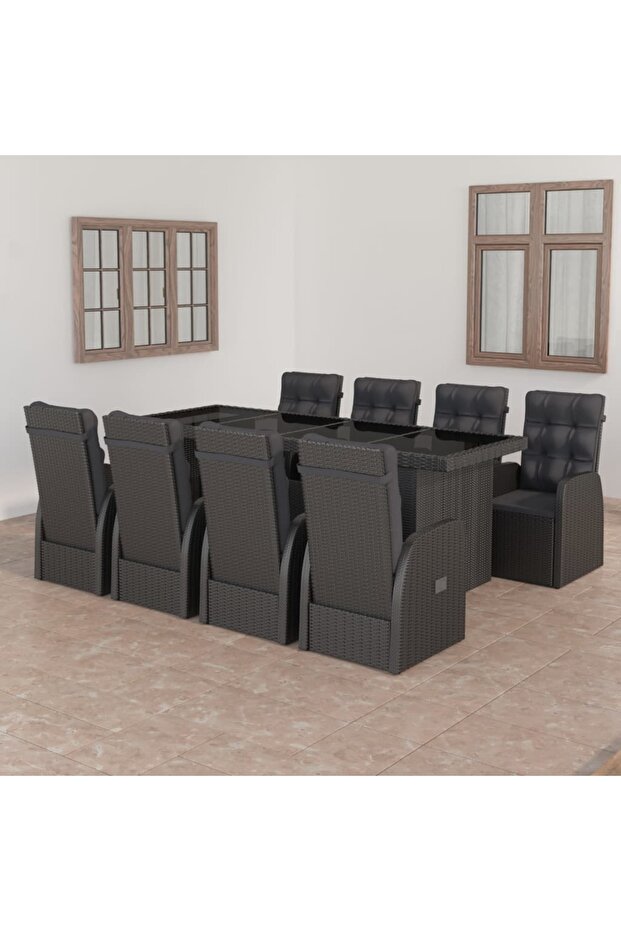 9 Piece Outdoor Dining Set with Cushions Poly Rattan Black