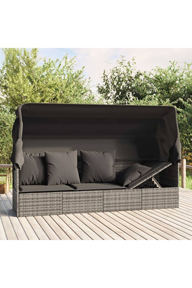 Outdoor Lounge Bed with Roof and Cushions Grey Poly Rattan