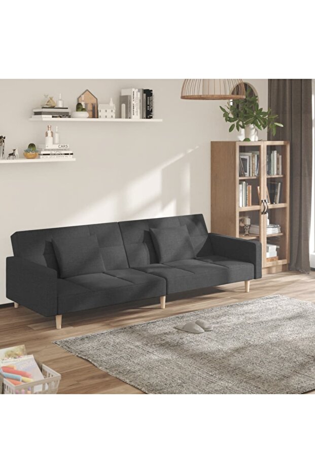 2-Seater Sofa Bed with Two Pillows Dark Grey Fabric
