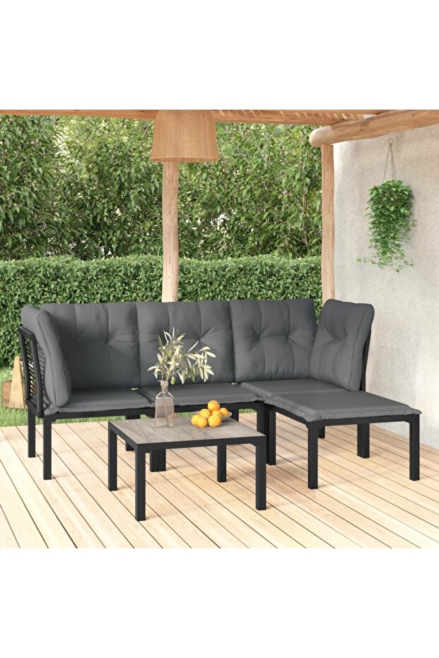 5 Piece Garden Lounge Set Black and Grey Poly Rattan