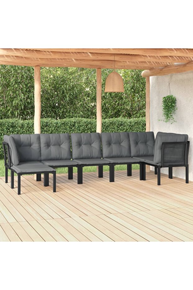 7 Piece Garden Lounge Set Black and Grey Poly Rattan