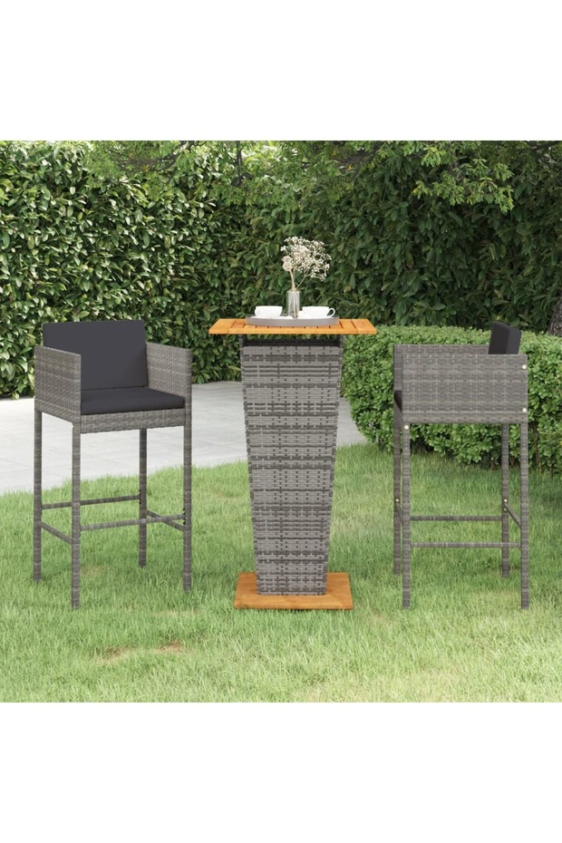 3 Piece Garden Bar Set with Cushions Poly Rattan Grey