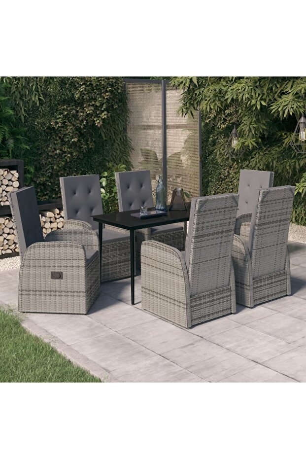 7 Piece Garden Dining Set with Cushions Grey