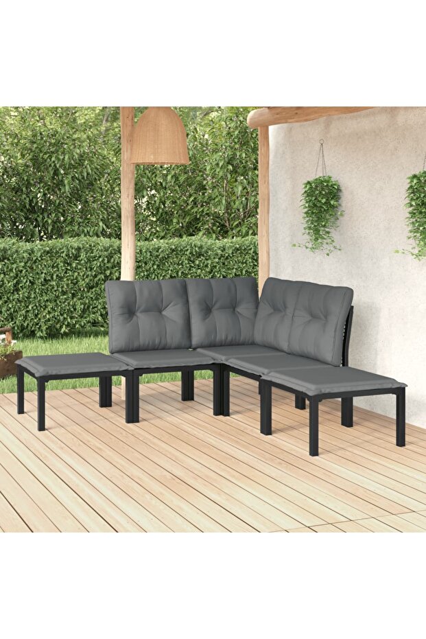 5 Piece Garden Lounge Set Black and Grey Poly Rattan