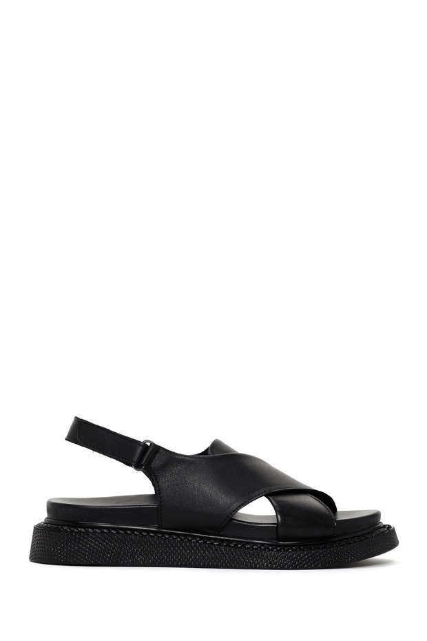 Women's Black Strappy Genuine Leather Comfort Sandals 25Sfd300118