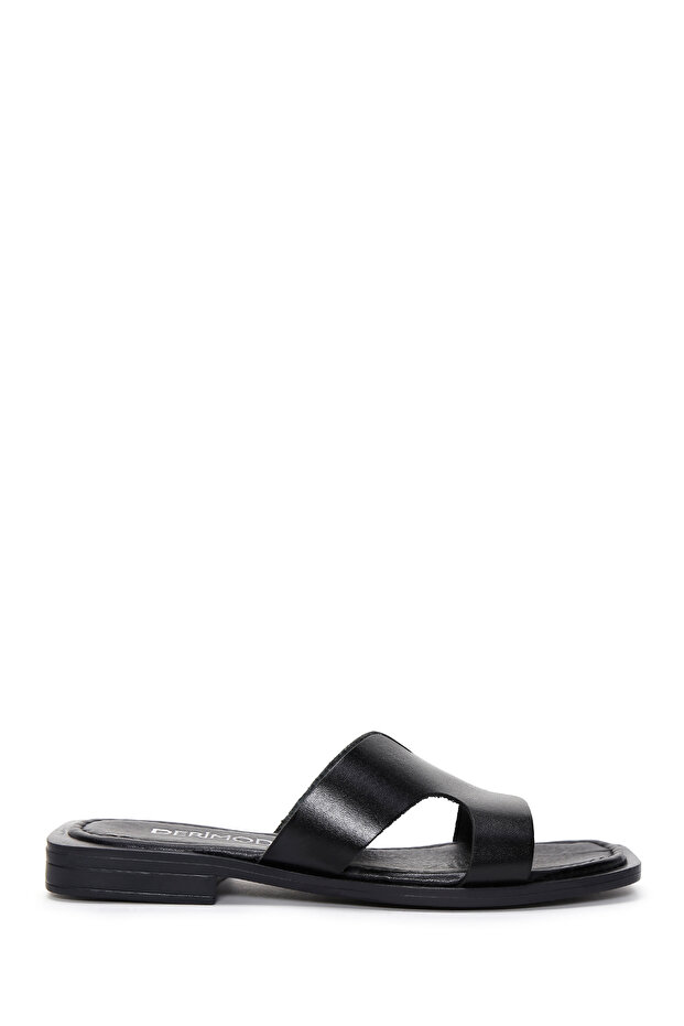 Women's Black Leather Slippers 25Sfd 330218