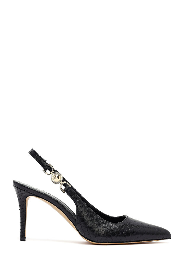 Women's Black Buckle Open Back Patterned Thin Heeled Leather Shoes 25Afd120240