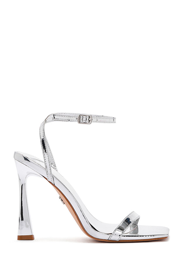 Women's Silver Ankle Strap High Thin Heels Evening Dress Shoes Metallic Sandals 25Sfe493732
