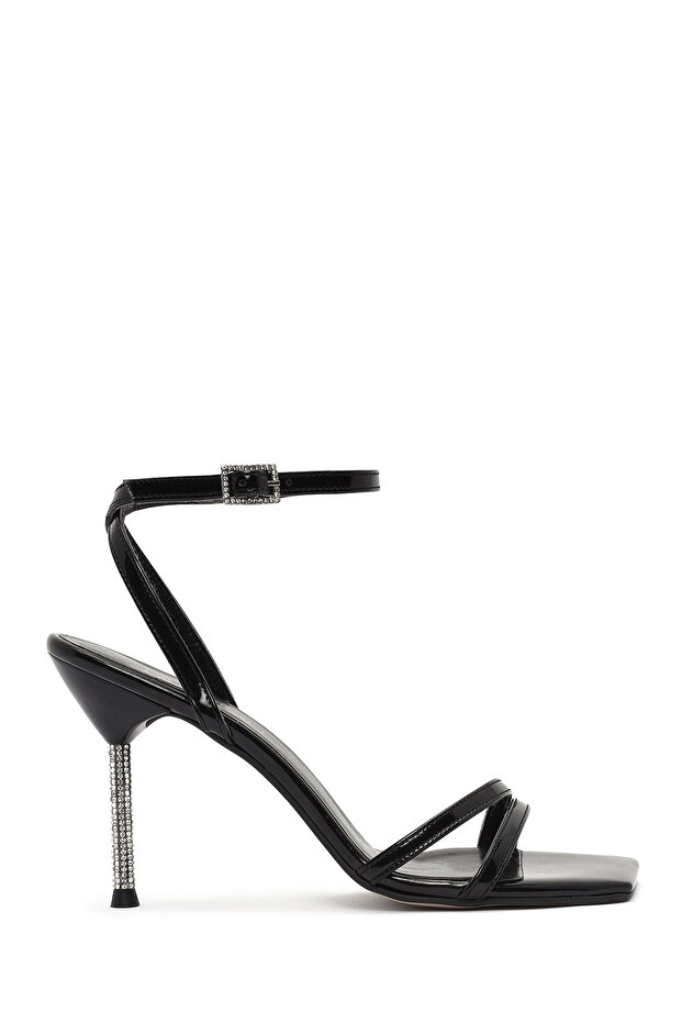 Women's Black Ankle Buckle Stone Thin Heeled Shoes Patent Leather Sandals 25Sfe391416
