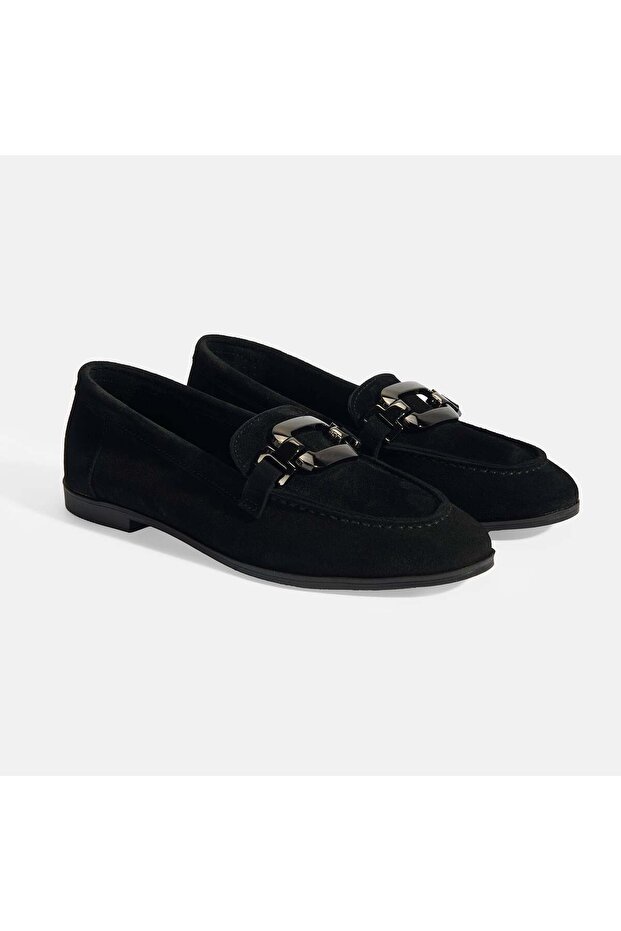 Women's Black Suede Loafer with Metal Accessories