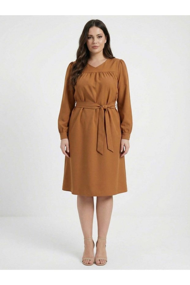 Apsen Women's Mustard Long Sleeve Transitional Midi Length Plus Size Dress 4409-110