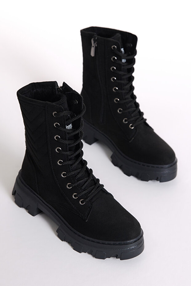 Girl's Black Leather Boots with Side Stripes, Zipper and Laces