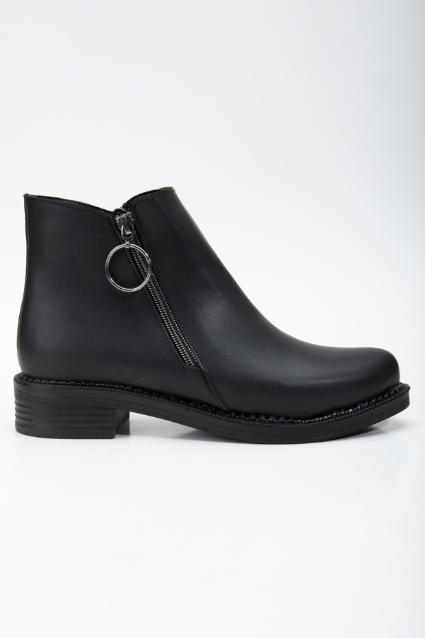 Women's Black Skin Thermo Sole Buckle Double Zipper Short Heeled Boots