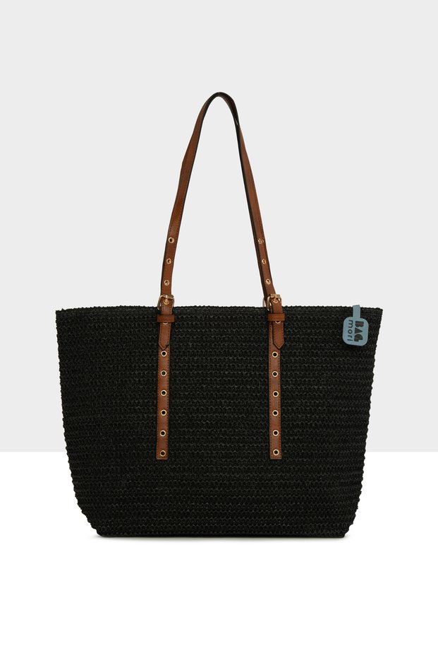 Black Women's Belt Detailed Tote Straw Bag M000008756