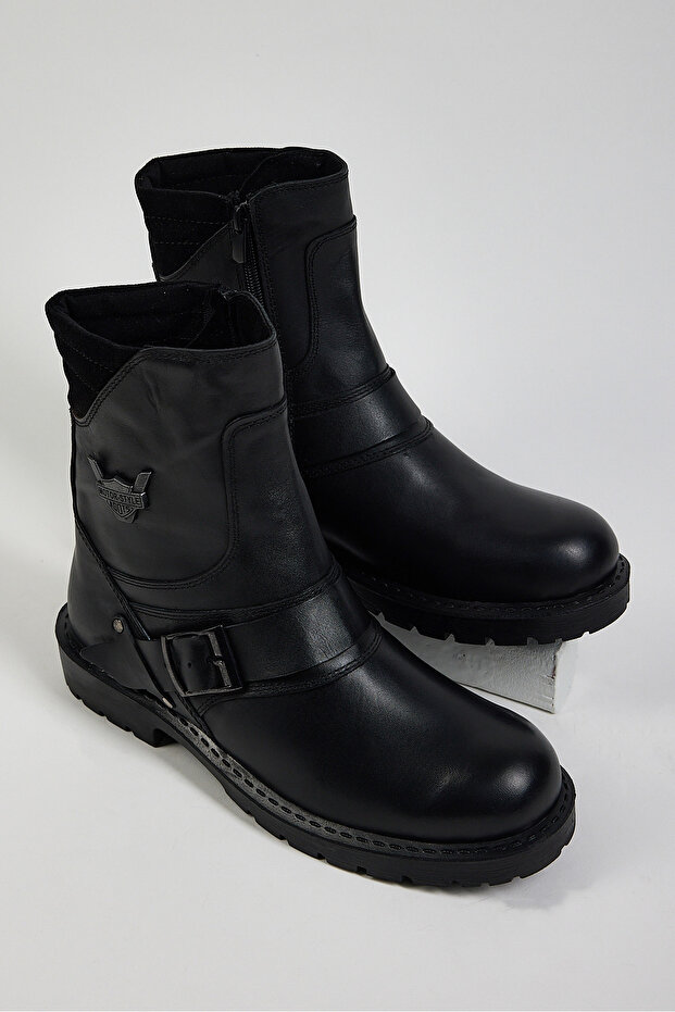 Men's Black Comfortable Fit Buckle Genuine Leather Zippered Boots