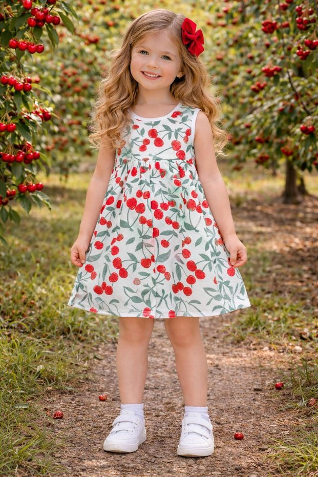 Girls' Cherry Patterned Dress Cotton Lining Summer Daily Dress
