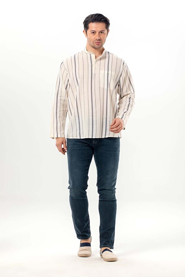 Long Sleeve Shile Cloth Single Pocket Prevailing Collar Men's Summer T-shirt Ecru Gray Striped 3028