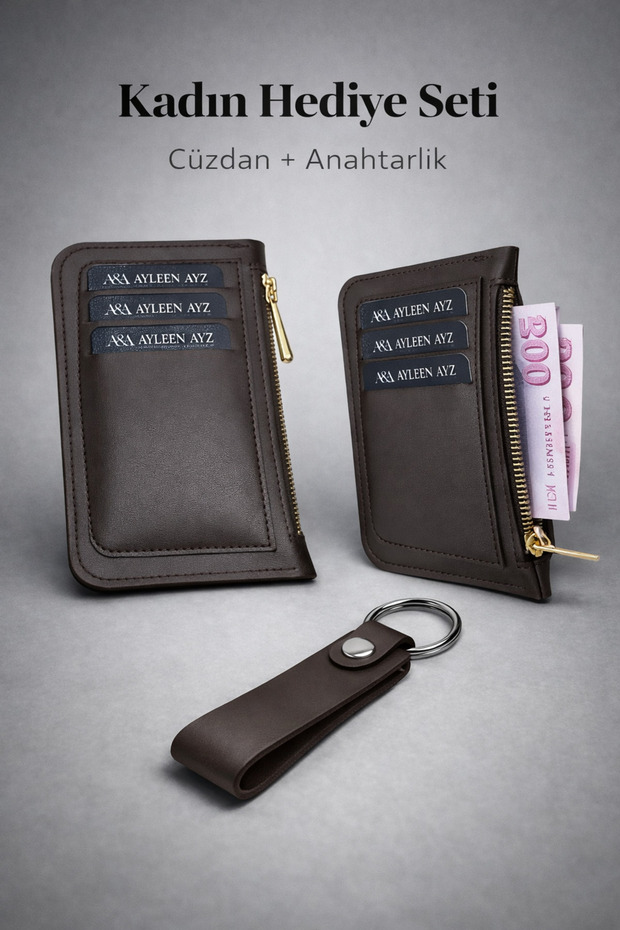 Women's Leather Zipper Card Holder Wallet Small Size (Dark Brown)