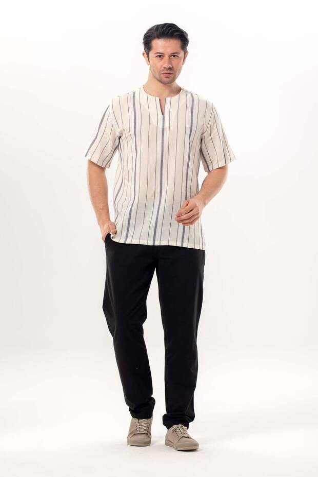 Short Sleeve Sile Cloth Crew Neck Men's Summer Tshirt Ecru Gray Striped 3028