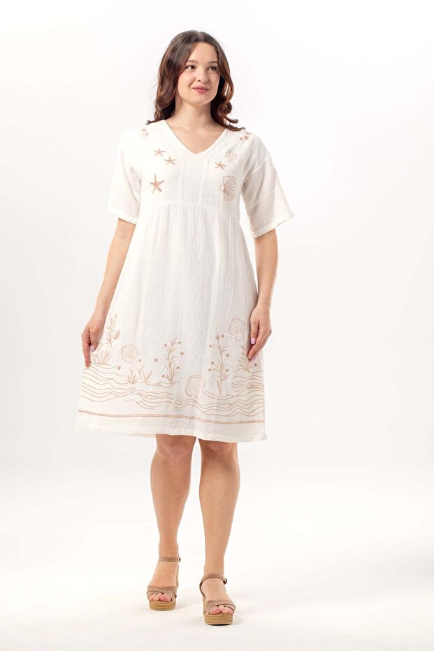 Short Sleeve V-Neck Alize Embroidered Midi Length Muslin Summer Dress Off White Krkbyz