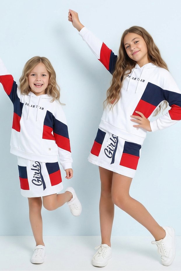 Girl's Long Sleeve Thin T-Shirt - Skirt Bottom - Top Set - 25013 - White - Navy Blue
