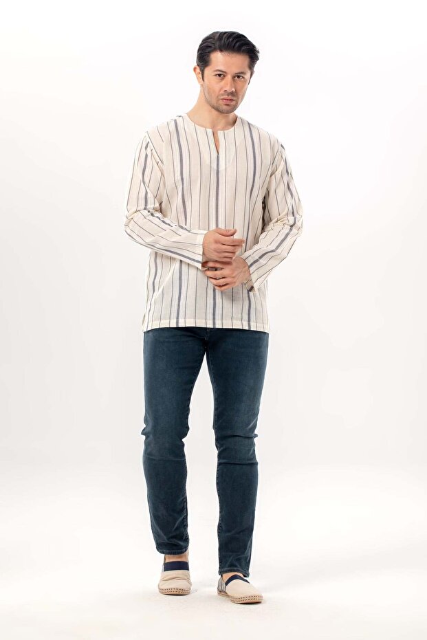 Long Sleeve Şile Cloth Crew Neck Men's Summer Tshirt Ecru Gray Striped 3028