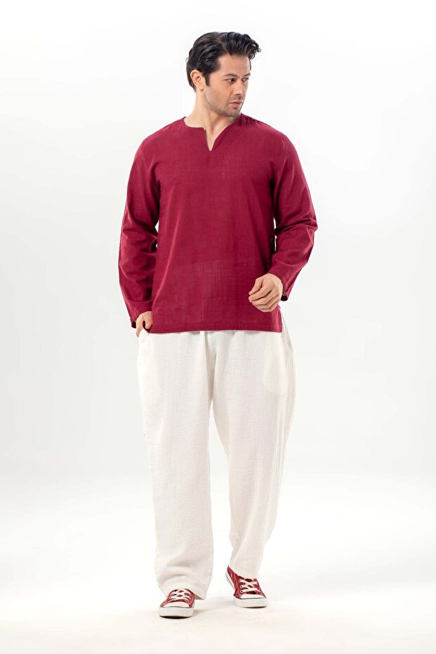 Long Sleeve Sile Cloth Crew Neck Men's Summer T-Shirt Dark Claret Red 3068