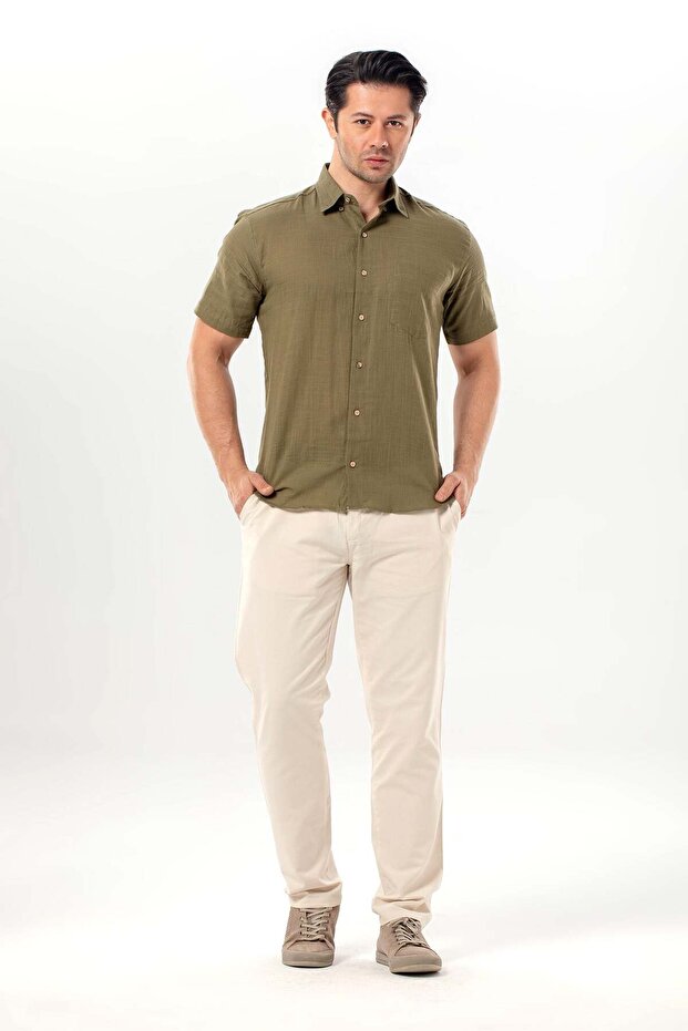Short Sleeve Slim Fit Şile Cloth Single Pocket Men's Summer Shirt Khaki 3049