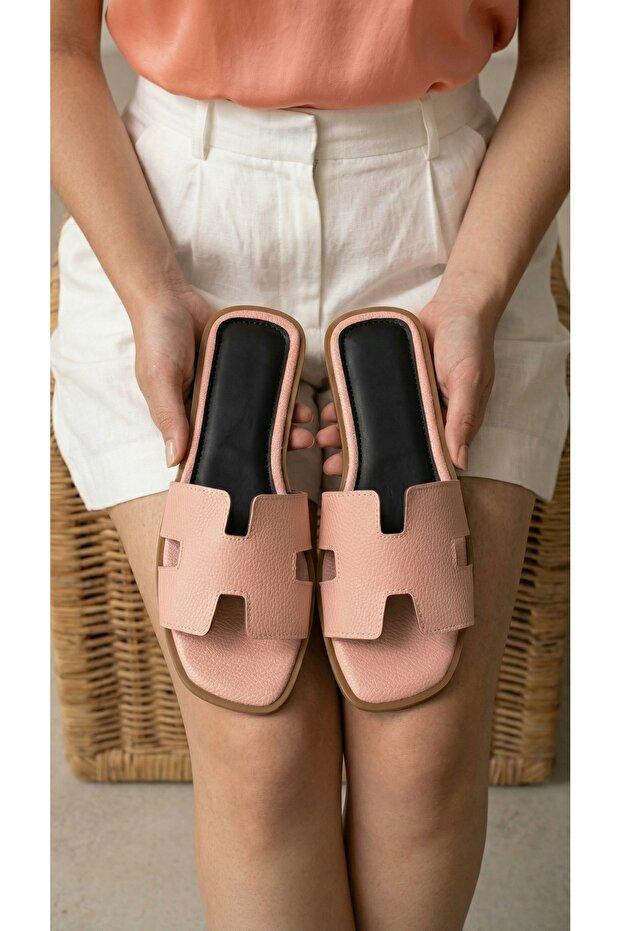 Women's Powder Leather Slippers with Open Front and Sides, 1cm Byndkgz03