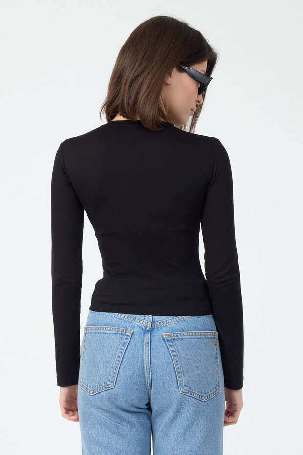 Black Crew Neck Basic Long Sleeve Bodysuit - 7