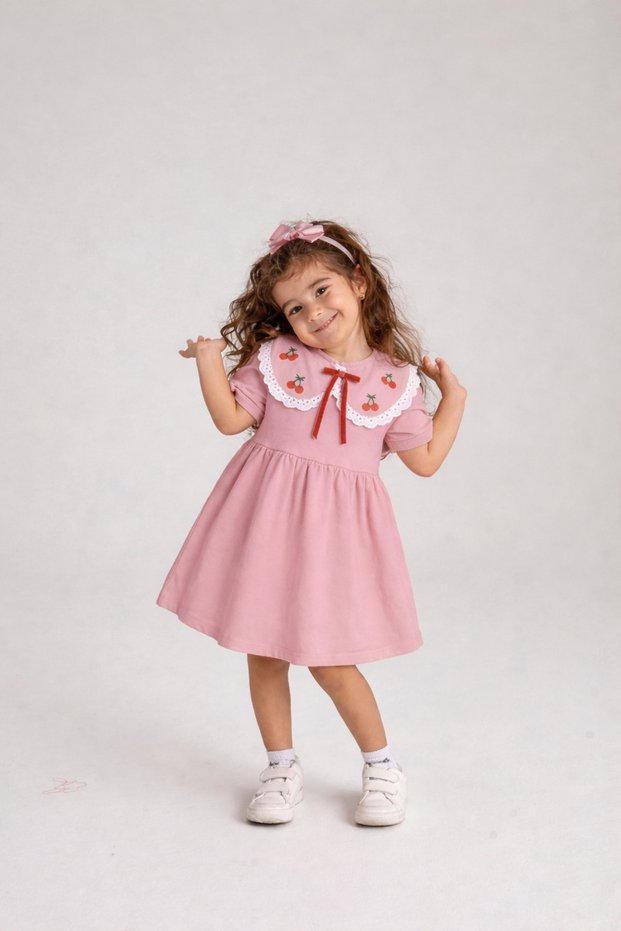 Girl's Cherry Embroidered Short Sleeve Dress