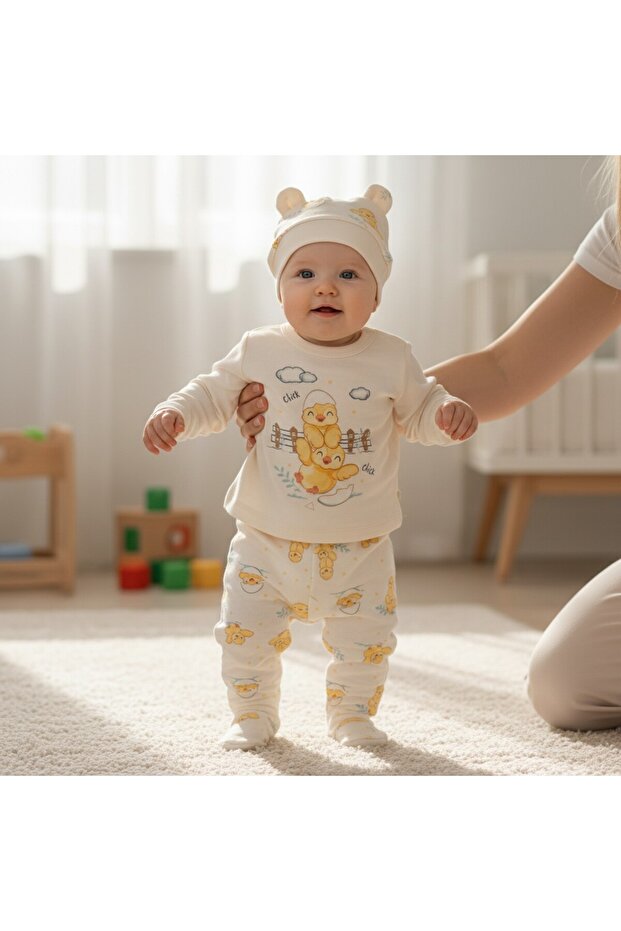 100% Cotton Newborn Baby Set 3 Pieces with Chick Patterned Booties and Pants Hospital Release 0-3 Months